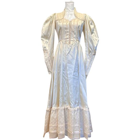 Vintage 90s Gunne Sax Ivory Liquid Satin Dress Womens 6 Mutton Leg Corset Bodice - Picture 1 of 16